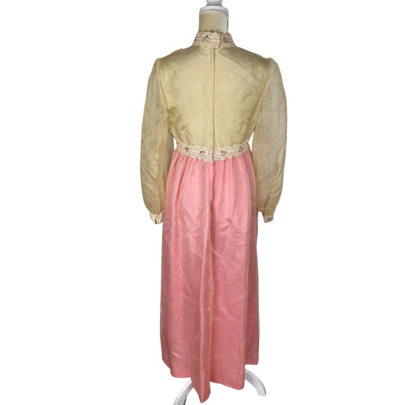 Vintage 60s 70s Empire Gown White Pink Organza Lace Ribbon Trim Formal Dress - Picture 11 of 16